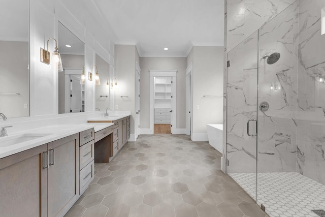 bathroom featuring dual sinks, crown molding, tile flooring, independent shower and bath, and vanity with extensive cabinet space