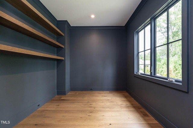 empty room with ornamental molding, light wood-type flooring, and a wealth of natural light