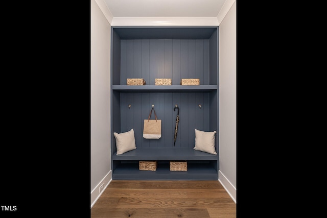 mudroom with ornamental molding and dark wood-type flooring