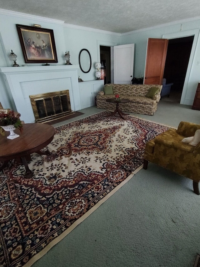 living room with crown molding, carpet, and a textured ceiling