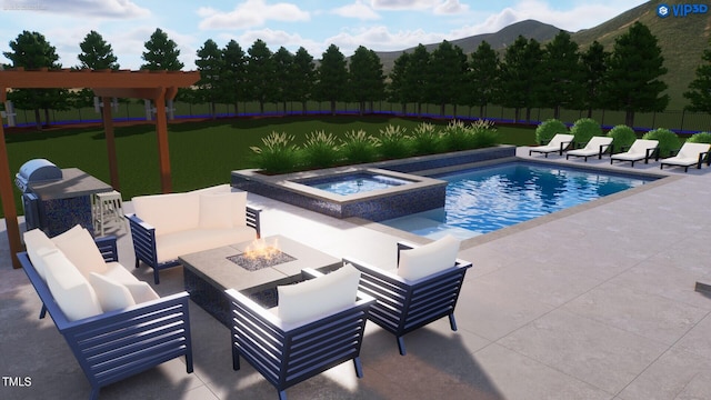 view of swimming pool with a fenced backyard, a pool with connected hot tub, an outdoor living space with a fire pit, a patio area, and a mountain view