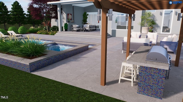 view of patio featuring an in ground hot tub, outdoor dining area, a pergola, outdoor lounge area, and outdoor dry bar