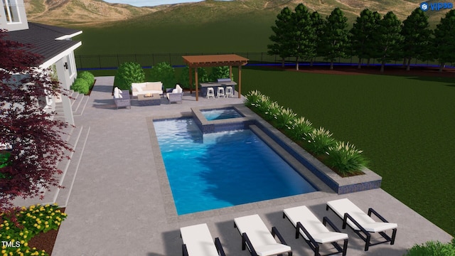 view of swimming pool featuring a fenced backyard, a patio, outdoor lounge area, and a mountain view