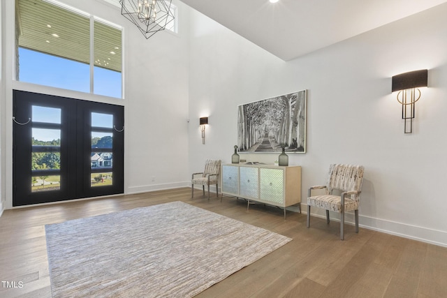 entryway with baseboards, a high ceiling, and wood finished floors