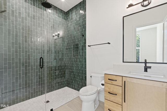 bathroom featuring tile patterned flooring, a shower stall, toilet, and vanity