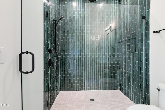 full bathroom featuring a shower stall and toilet