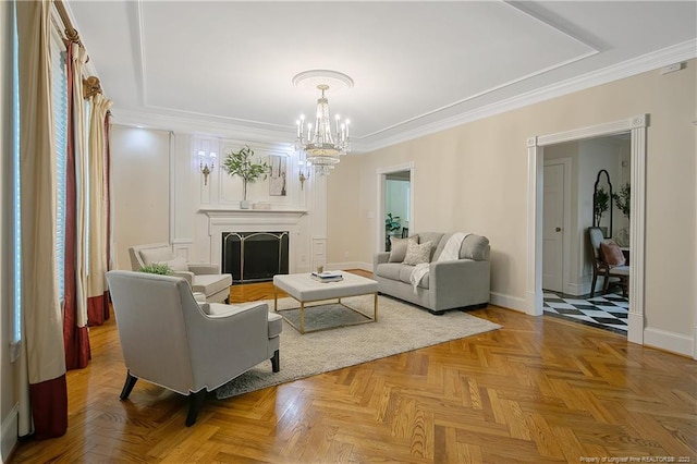 living room featuring light parquet floors, crown molding, and a chandelier