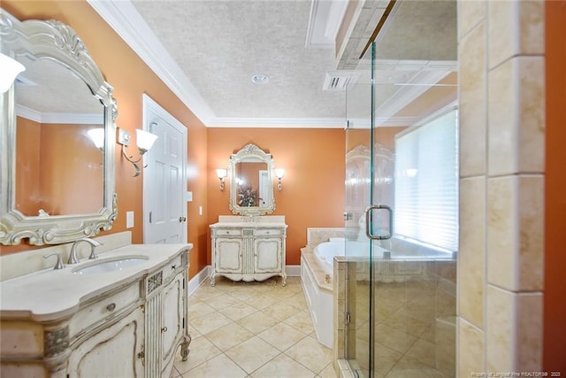 bathroom featuring vanity, ornamental molding, tile flooring, a textured ceiling, and separate shower and tub