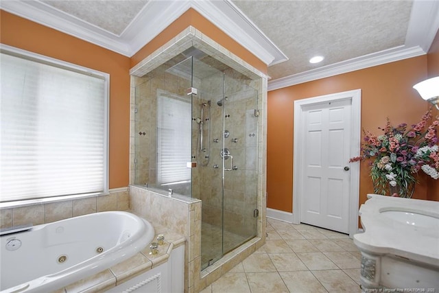 bathroom featuring plus walk in shower, tile floors, and crown molding