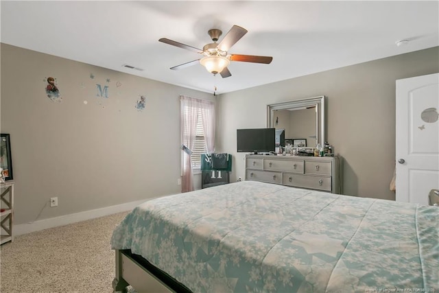 bedroom featuring light carpet and ceiling fan