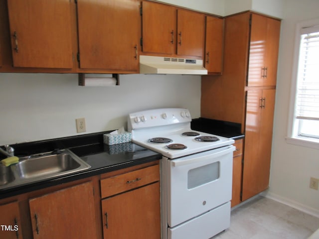 139 Kingsbury Dr, Chapel Hill, NC 27514 - kitchen featuring a sink, brown cabinets, under cabinet range hood, electric stove, and dark countertops