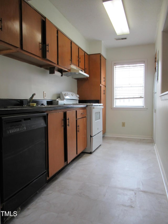 139 Kingsbury Dr, Chapel Hill, NC 27514 - kitchen with white electric range oven, under cabinet range hood, visible vents, black dishwasher, and brown cabinetry