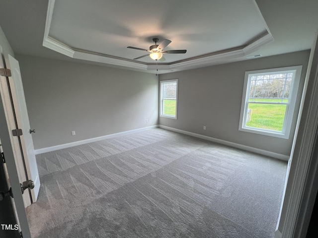 carpeted empty room featuring ceiling fan, a raised ceiling, and a healthy amount of sunlight