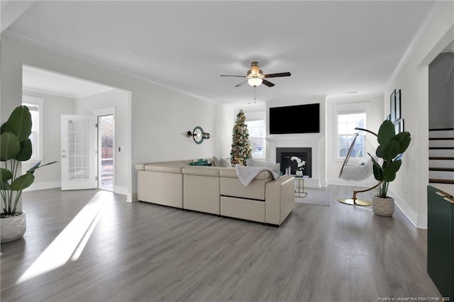 living room with ornamental molding, hardwood / wood-style floors, and ceiling fan