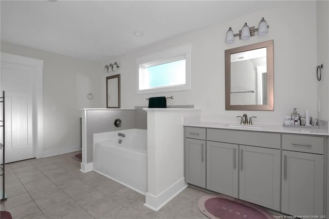 bathroom featuring vanity, a bath, and tile patterned floors