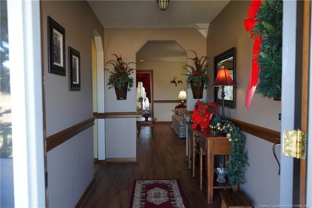 corridor featuring dark wood-type flooring and a textured ceiling