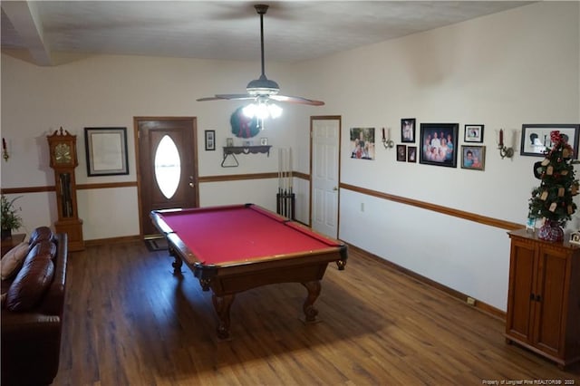 playroom featuring beam ceiling, dark wood-type flooring, billiards, and ceiling fan