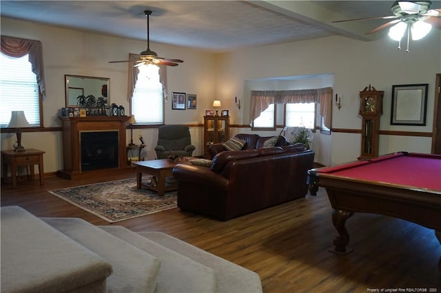 game room with ceiling fan, dark hardwood / wood-style floors, pool table, and a wealth of natural light