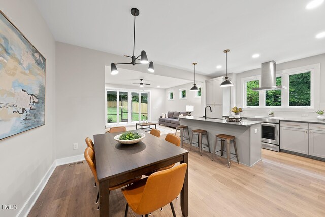 dining space featuring light hardwood / wood-style floors, sink, and ceiling fan