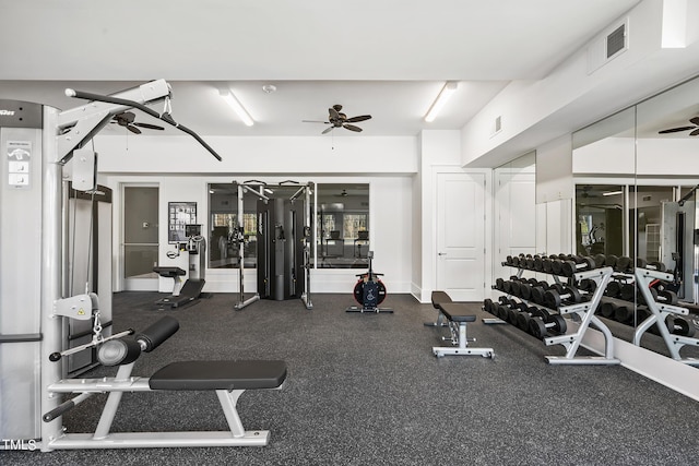 workout area with ceiling fan, visible vents, and baseboards