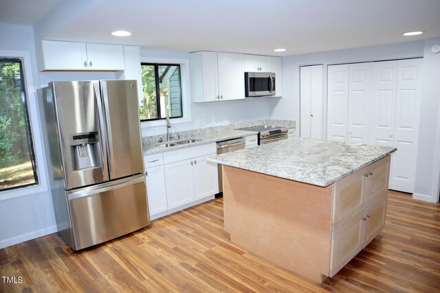 3404 Gemini Dr, Raleigh, NC 27604 - kitchen featuring light wood finished floors, plenty of natural light, a sink, and appliances with stainless steel finishes