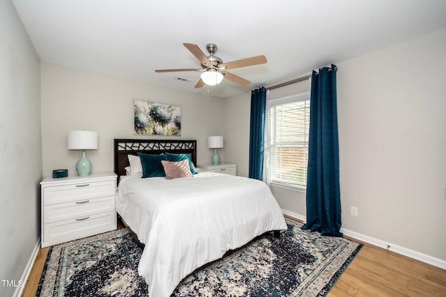 bedroom featuring ceiling fan and light wood-type flooring