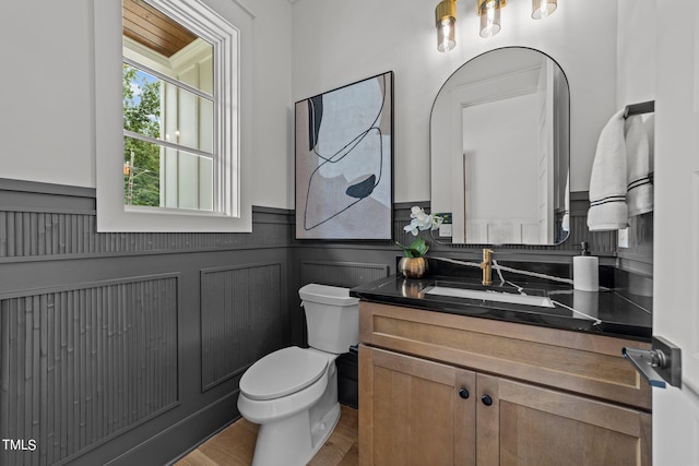 bathroom with wood-type flooring, vanity, and toilet