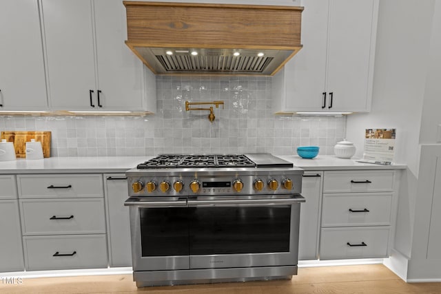 kitchen featuring white cabinets, custom range hood, light hardwood / wood-style flooring, backsplash, and double oven range