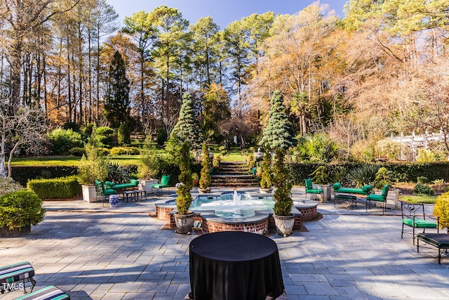 view of patio featuring a hot tub