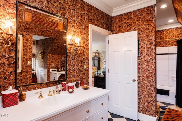 bathroom featuring shower / bath combination with curtain, vanity with extensive cabinet space, ornamental molding, and tile floors