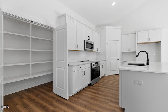 kitchen featuring stainless steel appliances, white cabinets, and sink