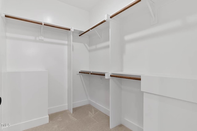 walk in closet with light carpet