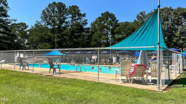 view of swimming pool with a yard