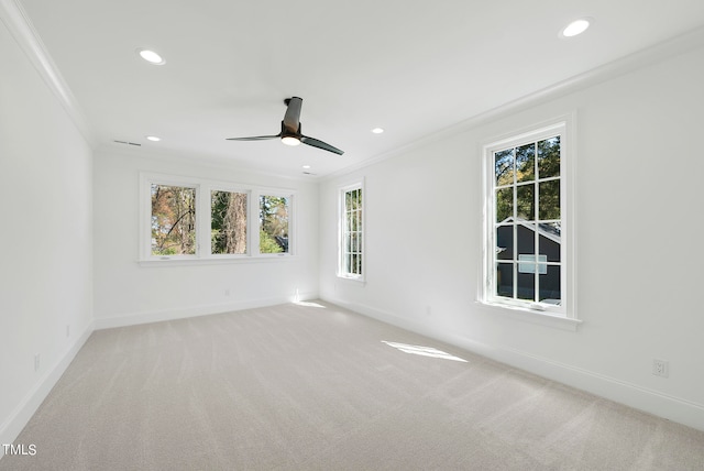 empty room with carpet flooring, ceiling fan, and crown molding