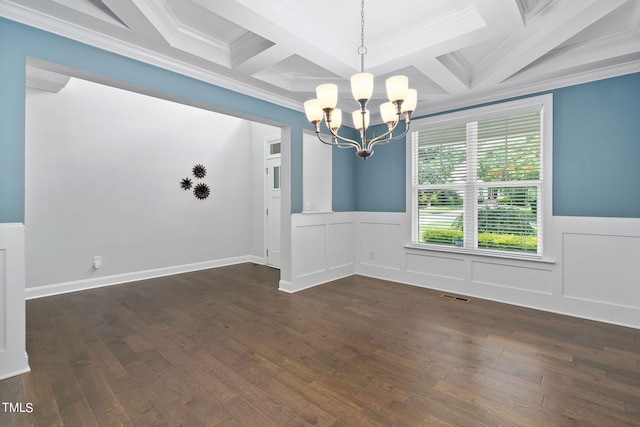 unfurnished dining area with beamed ceiling, ornamental molding, a chandelier, and coffered ceiling