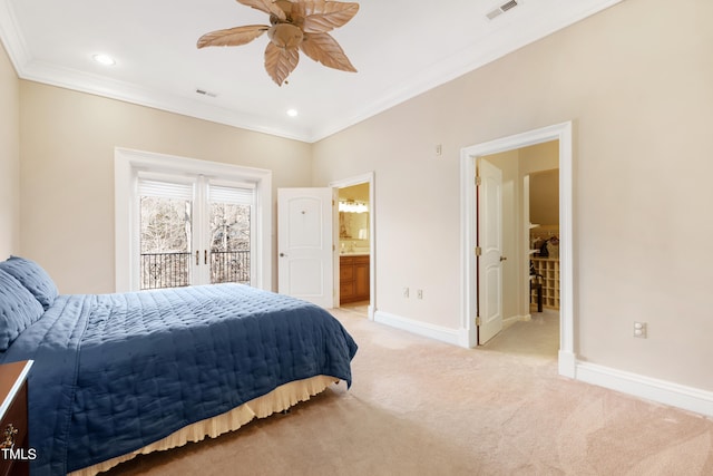 bedroom featuring access to exterior, light carpet, crown molding, ensuite bathroom, and ceiling fan