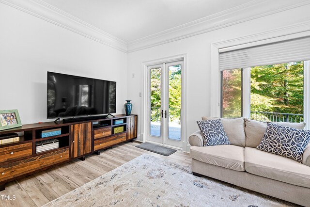 living room with crown molding, light hardwood / wood-style flooring, and plenty of natural light