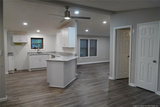 kitchen featuring dark hardwood / wood-style floors, kitchen peninsula, ceiling fan, and white cabinetry