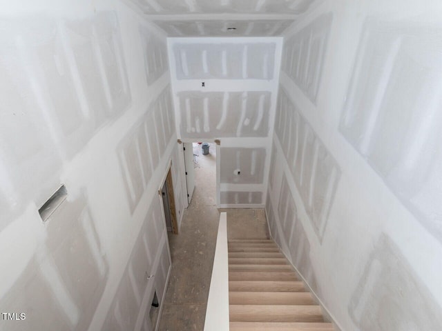 staircase with hardwood / wood-style flooring