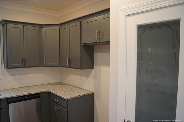 kitchen with backsplash, dishwasher, ornamental molding, and gray cabinets