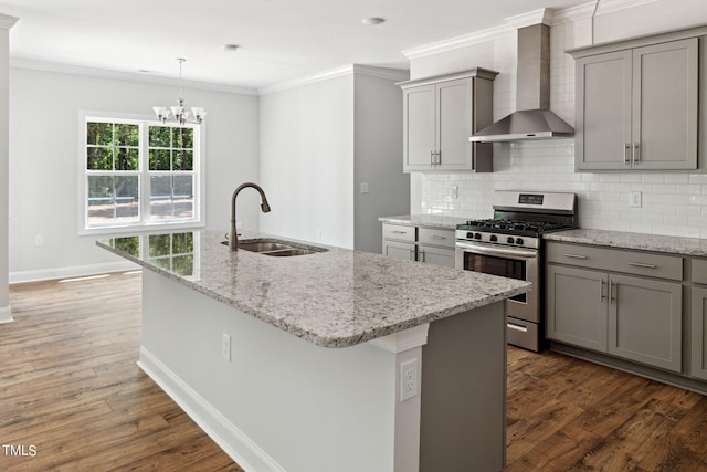 kitchen featuring sink, wall chimney exhaust hood, stainless steel gas range, and dark hardwood / wood-style floors