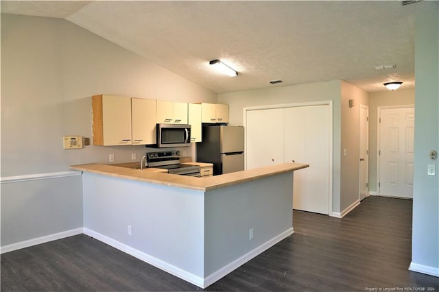 kitchen with kitchen peninsula, appliances with stainless steel finishes, dark hardwood / wood-style flooring, and lofted ceiling