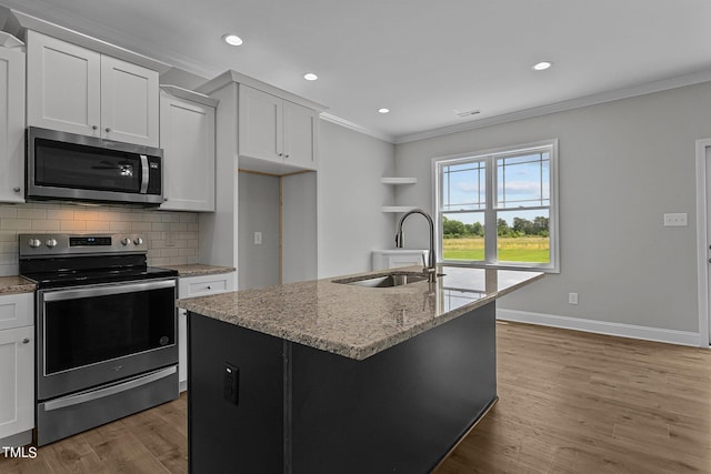 kitchen featuring light wood-type flooring, stainless steel appliances, and a kitchen island with sink