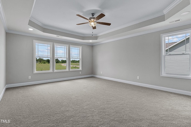 spare room featuring ceiling fan, crown molding, a tray ceiling, and carpet