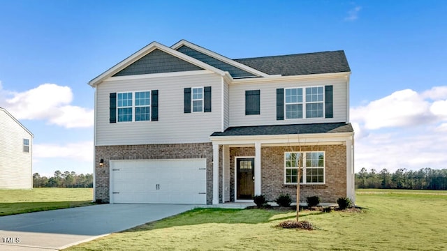 craftsman inspired home featuring a front lawn and a garage