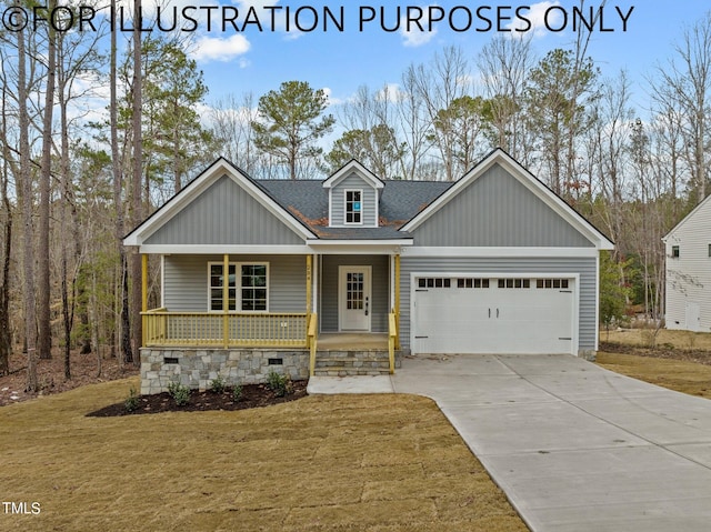 view of front of property with roof with shingles, covered porch, a garage, driveway, and a front lawn