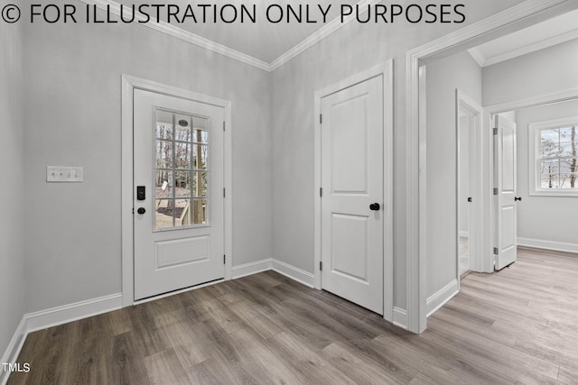 foyer entrance featuring baseboards, crown molding, and wood finished floors