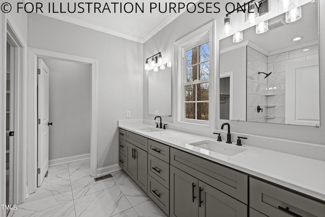 bathroom with tile patterned flooring, crown molding, a tile shower, and vanity