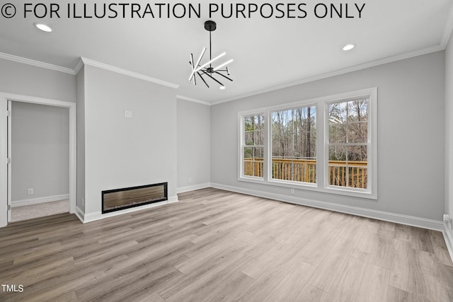 unfurnished living room featuring light hardwood / wood-style flooring and ornamental molding