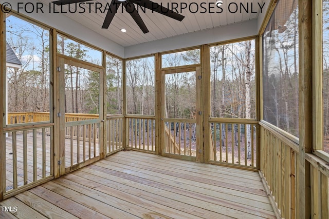 unfurnished sunroom with a wealth of natural light and ceiling fan